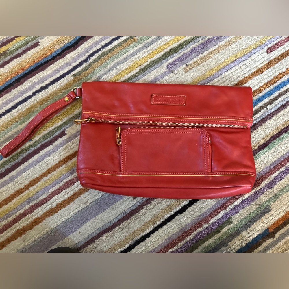 Longchamp Orange Large Leather Wristlet Clutch